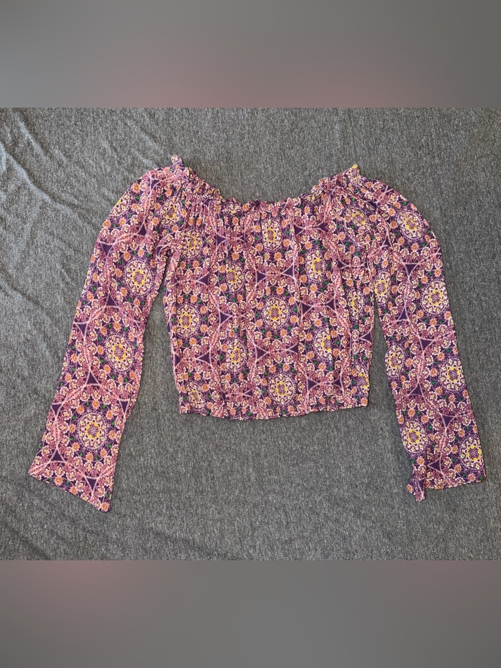 Smocked Off-Shoulder Purple Printed Crop Top